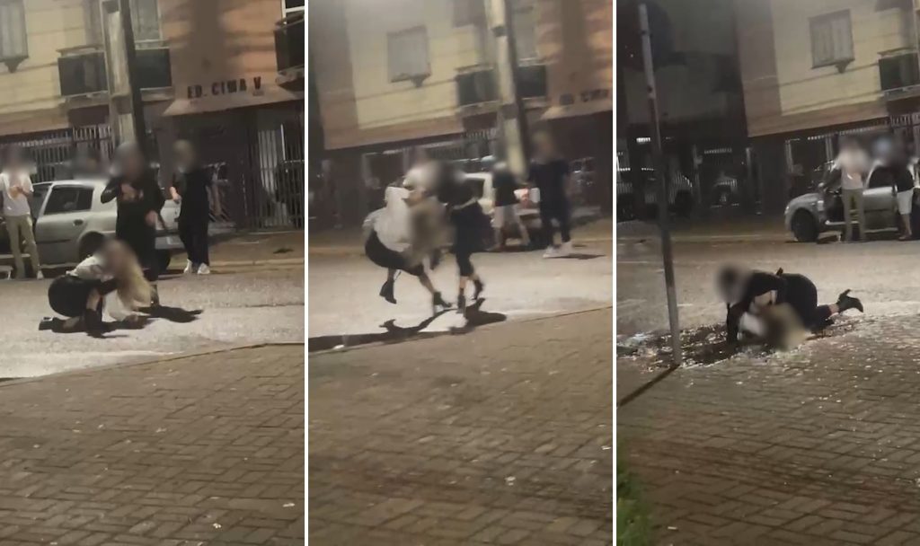Mulheres vão parar na lama durante briga no Centro de Cascavel Imagem referente a Mulheres vão parar na lama durante briga no Centro de Cascavel