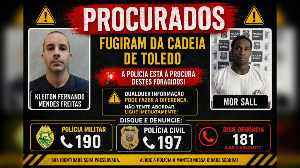 Fuga na Cadeia Pública de Toledo: dois presos seguem foragidos após ação na madrugada Imagem referente a Fuga na Cadeia Pública de Toledo: dois presos seguem foragidos após ação na madrugada