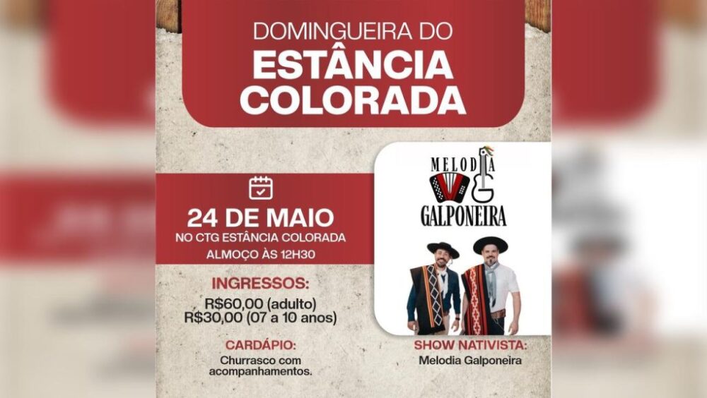 Domingueira do Estância Colorada ocorre neste domingo (24) com churrasco e show nativista Imagem referente a Domingueira do Estância Colorada ocorre neste domingo (24) com churrasco e show nativista